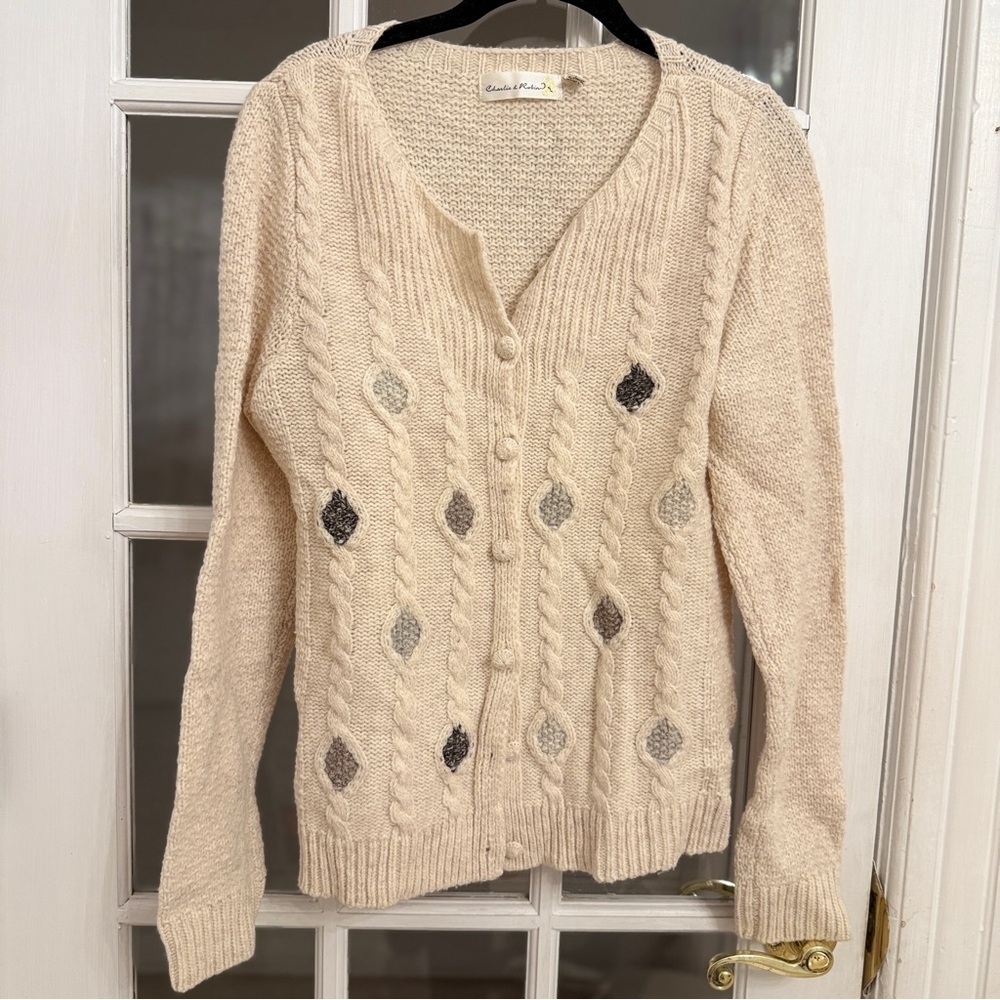 ANTHROPOLOGIE CHARLIE & ROBIN Women's Cream Cable Knit Button Down Cardigan